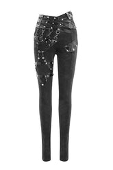 Schwarze Punk Leder Loops Asymmetrische Gestrickte Stretch Damen Hose